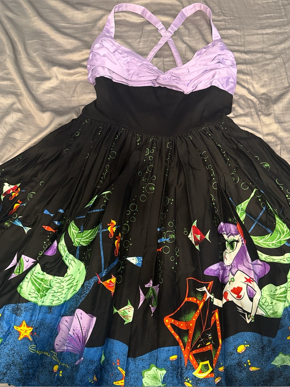 Pinup Couture Black and Lilac Strap Dress with Green Stitching - Picture 2 of 5